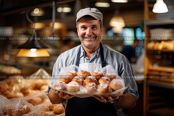The baker smiles and offers fresh pastries on a tray. Generated by AI. Стоковое AI-изображение, AI-художник Ярославский Максим / Фотобанк Лори