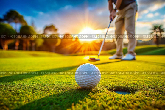 The banner. A white ball and a metal golf club are lying on the lawn in the hands of a man against the sunset background. An advertisement for a golf game at a country club. Free space for text. Стоковое AI-изображение, AI-художник Photojuli / Фотобанк Лори