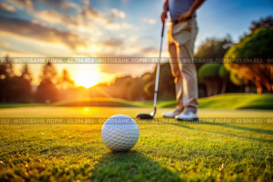 The banner. A white ball and a metal golf club are lying on the lawn in the hands of a man against the sunset background. An advertisement for a golf game at a country club. Free space for text. Стоковое AI-изображение, AI-художник Photojuli / Фотобанк Лори