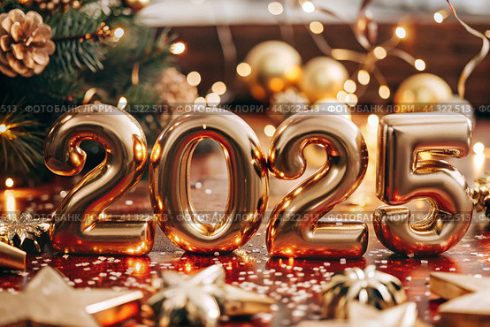 The banner. Happy New Year and Merry Christmas. Gold, shiny 2025 numbers, sequins and a beautiful bokeh on a black background. The flyer. Invitation. Стоковое AI-изображение, AI-художник Photojuli / Фотобанк Лори