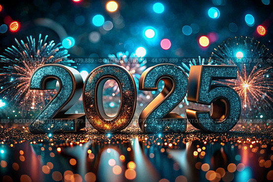 The banner. Happy New Year and Merry Christmas. Shiny 2025 numbers, sequins and a beautiful bokeh on a dark background. The flyer. Invitation. Стоковое AI-изображение, AI-художник Photojuli / Фотобанк Лори