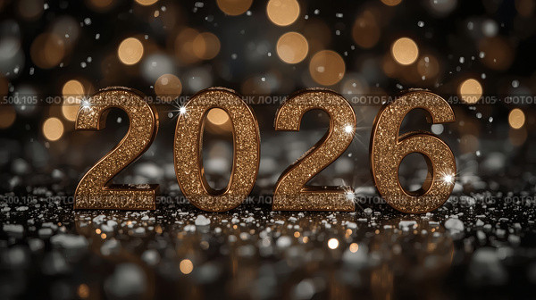 The banner. Happy New Year and Merry Christmas. Shiny numbers from 2026, sequins and a beautiful side on a dark background. The flyer. Invitation. Стоковое AI-изображение, AI-художник Photojuli / Фотобанк Лори