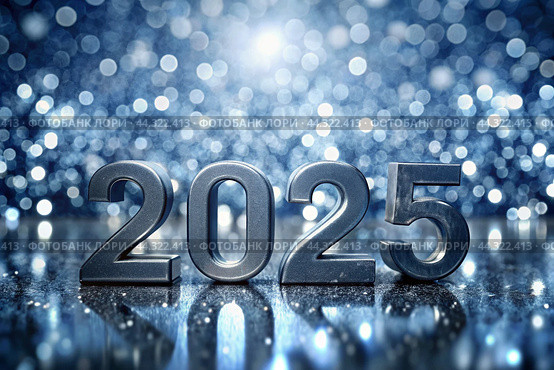 The banner. Happy New Year and Merry Christmas. Silver, shiny 2025 numbers, sequins and a beautiful bokeh on a black background. The flyer. Invitation. Стоковое AI-изображение, AI-художник Photojuli / Фотобанк Лори