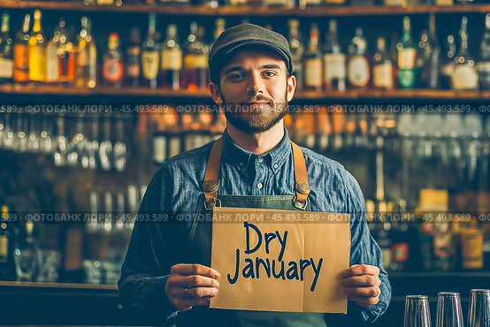 The bartender stands behind the bar and holds a sign with the text "Dry January" in his hands. Sober January, the Month of abstinence from alcohol. Стоковое AI-изображение, AI-художник Ирина Ручушкина / Фотобанк Лори