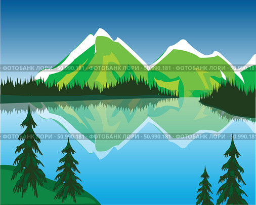 The Beautiful lake in mountain wood.Vector illustration. Стоковая иллюстрация, иллюстратор Шипицин Евгений Витальевич / Фотобанк Лори