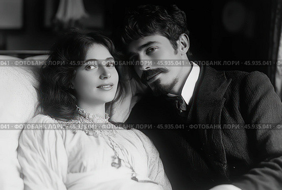 The black and white image shows a young couple, probably in love. The woman has long wavy hair, a soft gaze and a slight smile on her face. She is wearing a dress with a lace collar in the style of the early 20th century. The man next to her wears a suit with a tie and has a neat beard and moustache. Their pose emphasizes their closeness and trust in each other. The light is soft, creating a feeling of coziness and romance. Стоковое AI-изображение, AI-художник Анна Кривицкая / Фотобанк Лори