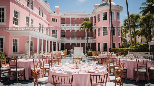 The Blushing Oasis: A Spectacular Pink Establishment Awash With Delightful Tables and Chairs. Стоковое AI-изображение, AI-художник Данила Большаков / Фотобанк Лори