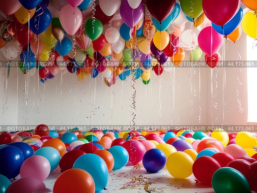 The bright room is filled with lots of colorful balloons for the holiday. Стоковое AI-изображение, AI-художник Ольга Пахомова / Фотобанк Лори