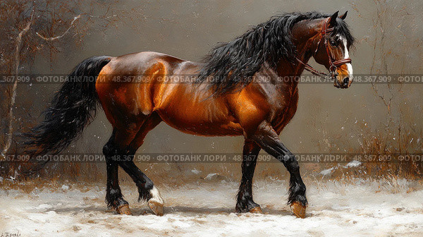 The brown horse strides elegantly across the snow-covered ground, showcasing its beauty in a peaceful winter environment. Стоковое AI-изображение, AI-художник Данила Большаков / Фотобанк Лори