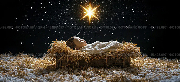 The Christ child lies in a manger made of straw under a dark sky with a bright star. The symbol of Christmas. Стоковое AI-изображение, AI-художник Ярославский Максим / Фотобанк Лори