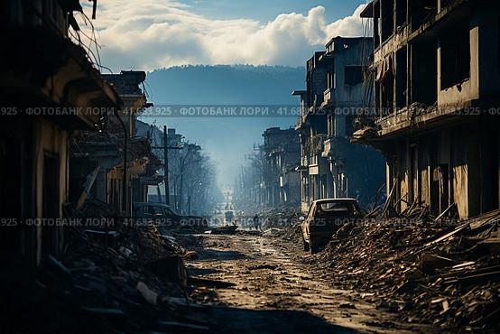 The city after the earthquake, houses destroyed after the war, dirt on the streets,    Generative AI. Стоковое AI-изображение, AI-художник Анна Кривицкая / Фотобанк Лори