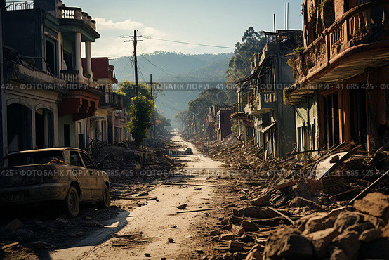 The city after the earthquake, houses destroyed after the war, dirt on the streets,    Generative AI. Стоковое AI-изображение, AI-художник Анна Кривицкая / Фотобанк Лори