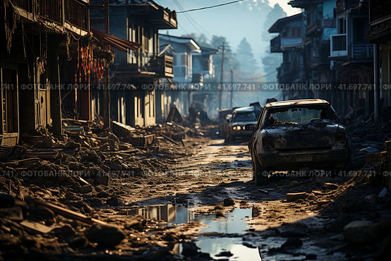 The city after the earthquake, houses destroyed after the war, dirt on the streets,    Generative AI. Стоковое AI-изображение, AI-художник Анна Кривицкая / Фотобанк Лори
