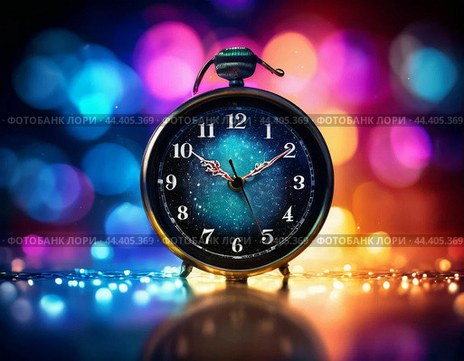 The clock is counting down the last moment of the outgoing old year. There is little time left until the New Year. Is everything ready to celebrate the New Year? Стоковое AI-изображение, AI-художник Сергей Елизарьев / Фотобанк Лори