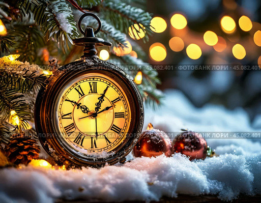 The clock is counting down the last moment of the outgoing old year. There is little time left until the New Year. Is everything ready to celebrate the New Year? Стоковое AI-изображение, AI-художник Сергей Елизарьев / Фотобанк Лори