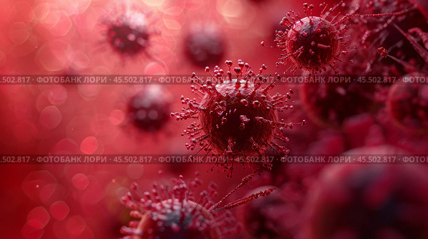 The composition reveals a close-up of viruses and spike proteins within abstract cellular forms, showcasing stunning reds and intricate details in high definition. Стоковое AI-изображение, AI-художник Sergey Grishin / Фотобанк Лори