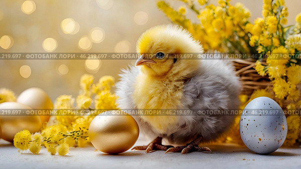 The concept of a bright Easter holiday. Delicate Easter eggs, yellow chickens, chicken and daffodil flowers on a pastel watercolor background with delicate veins. Стоковое AI-изображение, AI-художник Photojuli / Фотобанк Лори