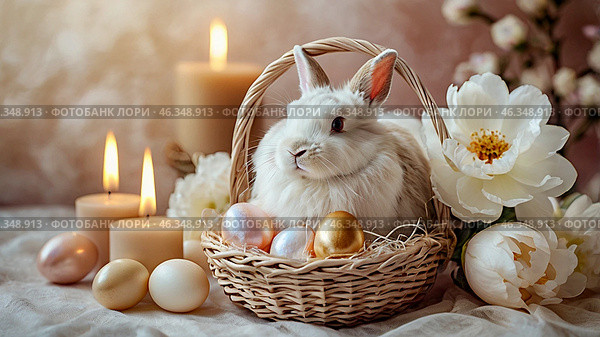 The concept of a bright Easter holiday. Delicate Easter mother-of-pearl eggs in a basket, a rabbit and delicate flowers on a pastel watercolor background. Стоковое AI-изображение, AI-художник Photojuli / Фотобанк Лори