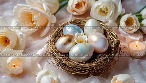 The concept of a bright Easter holiday. Delicate Easter eggs in a mother-of-pearl basket, and delicate flowers on a pastel-watercolor background. Стоковое AI-изображение, AI-художник Photojuli / Фотобанк Лори