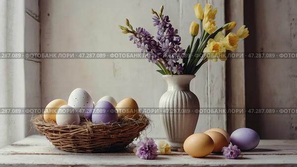 The concept of a bright Easter holiday. Retro home interior with Easter decor. Spring flowers in a white vase and Easter eggs in pastel shades. Стоковое AI-изображение, AI-художник Photojuli / Фотобанк Лори