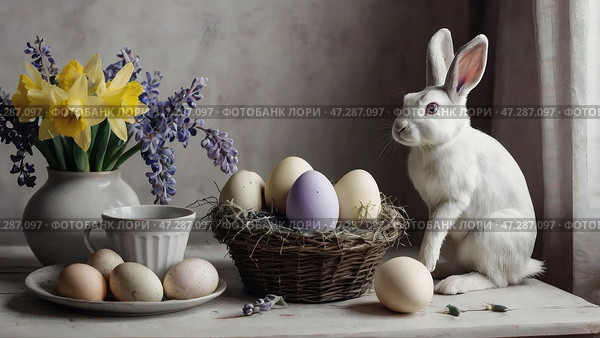 The concept of a bright Easter holiday. Retro home interior with Easter decor. Spring flowers in a white vase, a rabbit and Easter eggs in pastel shades. Стоковое AI-изображение, AI-художник Photojuli / Фотобанк Лори