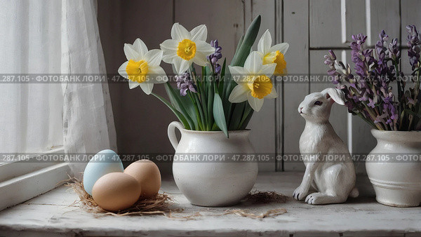 The concept of a bright Easter holiday. Retro home interior with Easter decor. Spring flowers in a white vase, a rabbit and Easter eggs in pastel shades. Стоковое AI-изображение, AI-художник Photojuli / Фотобанк Лори