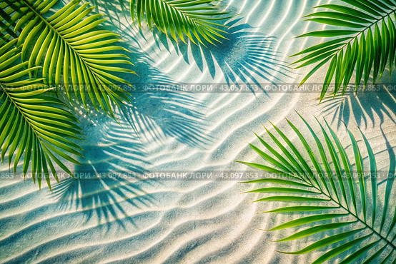 The concept of a summer vacation on the beach. View of tropical leaves on the surface of the water. The shade of palm leaves on the white sand beach. Beautiful abstract background for the banner. Стоковое AI-изображение, AI-художник Photojuli / Фотобанк Лори