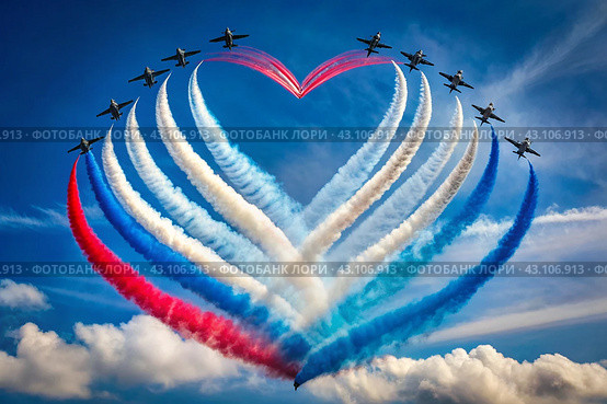 The concept of celebrating Russia Day on June 12. Military aircraft paint a heart in the colors of the Russian tricolor with smoke in the sky. White, blue, red smoke. Стоковое AI-изображение, AI-художник Photojuli / Фотобанк Лори