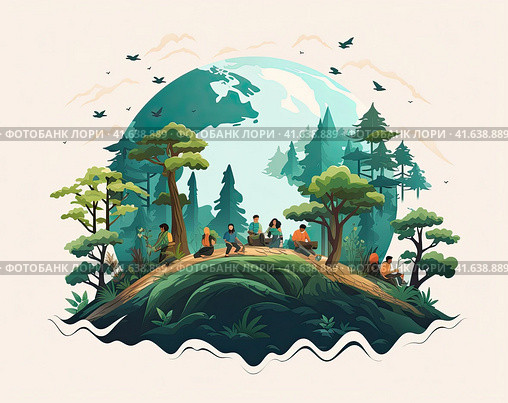 The concept of ecology. People care about the planet. Protection of nature and ecology. Earth Day Globe with trees, plants and volunteers. Vector illustration. Generated by AI. Стоковое AI-изображение, AI-художник Ярославский Максим / Фотобанк Лори