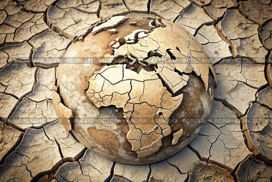 The concept of global warming of the planet earth. Dry and cracked earth, dry due to lack of rain. The effects of climate change. Стоковое AI-изображение, AI-художник Photojuli / Фотобанк Лори