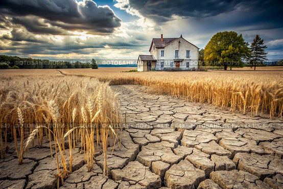 The concept of global warming on planet Earth. Dry and cracked earth and a field of wheat. The farmer's wheat crop is dead, dead, withered. The effects of climate change. Стоковое AI-изображение, AI-художник Photojuli / Фотобанк Лори