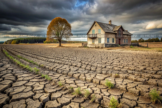The concept of global warming on planet Earth. Dry and cracked earth and a field of wheat. The farmer's wheat crop is dead, dead, withered. The effects of climate change. Стоковое AI-изображение, AI-художник Photojuli / Фотобанк Лори