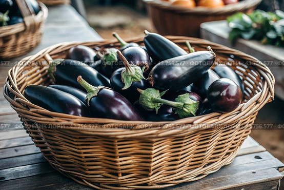 The concept of growing food. Fresh organic eggplant at the farmer's market. A rich harvest of eggplants in a wicker basket. Стоковое AI-изображение, AI-художник Photojuli / Фотобанк Лори