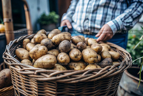 The concept of growing food. Fresh organic new potatoes at the farmer's market. A rich harvest of tubers in a wicker basket. Стоковое AI-изображение, AI-художник Photojuli / Фотобанк Лори