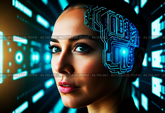 The concept of high technology development, artificial intelligence, super brain, robotics development,The concept of high technology development, artificial intelligence, super brain, robotics development,The concept of high technology development, artificial intelligence, super brain, robotics development,Концепция развития высоких технологий,исскуственный интелект,супер мозг,развитие робототехники. Стоковое AI-изображение, AI-художник Миронов Павел / Фотобанк Лори