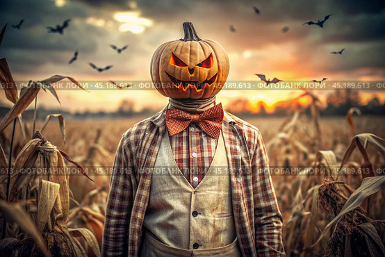 The concept of the Halloween holiday. Horror. Fear. A scary scarecrow with a pumpkin for a head, in a plaid shirt and a bow tie. Banner, postcard. Стоковое AI-изображение, AI-художник Photojuli / Фотобанк Лори