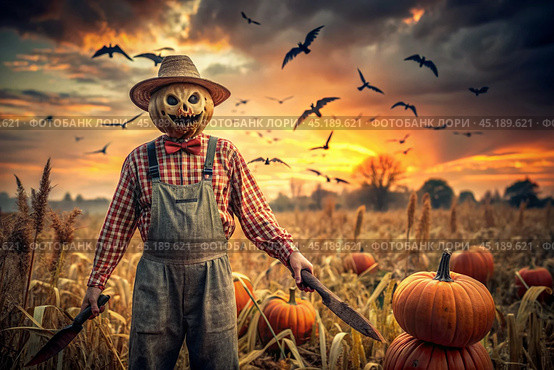 The concept of the Halloween holiday. Horror. Fear. A scary scarecrow with a pumpkin for a head, in a plaid shirt and a bow tie. Banner, postcard. Стоковое AI-изображение, AI-художник Photojuli / Фотобанк Лори