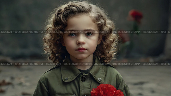 The concept of the May 9th holiday. Portrait of a beautiful girl in khaki clothes with red carnation flowers. Celebration of Victory Day 1941-1945. Стоковое AI-изображение, AI-художник Photojuli / Фотобанк Лори