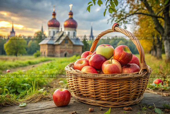 The concept of the Russian Orthodox holiday yablochny spas. A beautiful wicker basket made of vines with red ripe apples on the background of an Orthodox church. Стоковое AI-изображение, AI-художник Photojuli / Фотобанк Лори