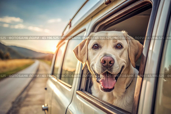 The concept of traveling with animals. A dog sticks its head out of the window of a car, a tourist van during a trip on a hot sunny day. Стоковое AI-изображение, AI-художник Photojuli / Фотобанк Лори