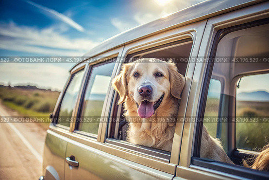 The concept of traveling with animals. A dog sticks its head out of the window of a car, a tourist van during a trip on a hot sunny day. Стоковое AI-изображение, AI-художник Photojuli / Фотобанк Лори