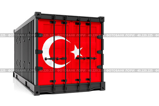 The concept of  Turkey  export-import, container transporting and national delivery of goods. 3D illustration  container with the national flag of Turkey  , view front. Стоковое фото, фотограф Виталий Сова / Фотобанк Лори