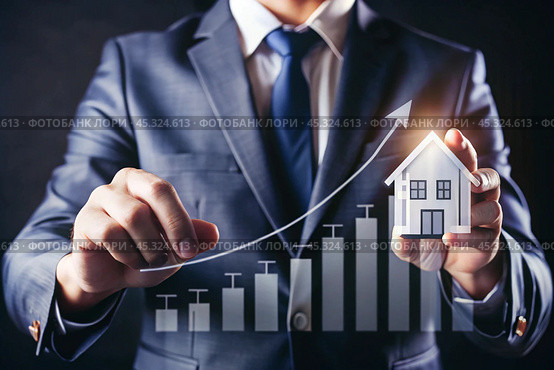 The concept of value growth in real estate, energy efficiency rating. Real estate online on virtual screens. New family housing, apartment purchase, house search, land price, real estate tax. Стоковое AI-изображение, AI-художник Photojuli / Фотобанк Лори