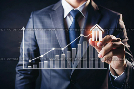 The concept of value growth in real estate, energy efficiency rating. Real estate online on virtual screens. New family housing, apartment purchase, house search, land price, real estate tax. Стоковое AI-изображение, AI-художник Photojuli / Фотобанк Лори