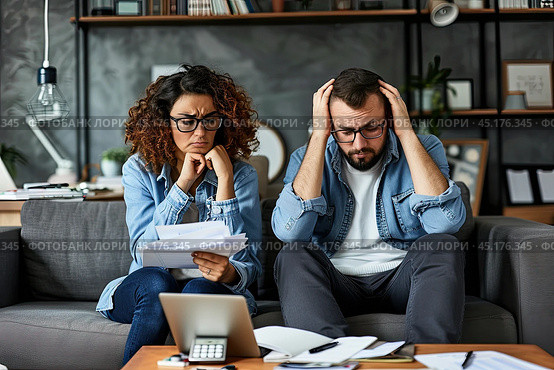 The couple failed due to job loss and problems with mortgage payments. The economic crisis. Стоковое AI-изображение, AI-художник Ярославский Максим / Фотобанк Лори