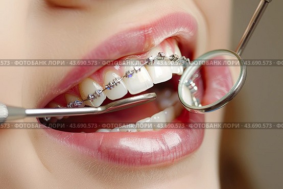 The dentist examines the patient's teeth after installing braces. Стоковое AI-изображение, AI-художник Ярославский Максим / Фотобанк Лори
