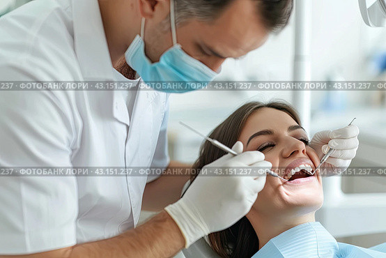 The dentist performs a preventive examination of the patient's teeth. The concept of dentistry. Стоковое AI-изображение, AI-художник Ярославский Максим / Фотобанк Лори
