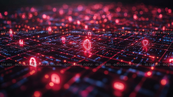 The digital landscape features glowing red data points and security icons illuminated against a dark backdrop, representing a complex network. Стоковое AI-изображение, AI-художник Данила Большаков / Фотобанк Лори