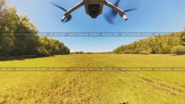The drone flies over and rises above a summer forest clearing. Shooting with a 360 degree camera attached to the drone from below. Стоковое видео, видеограф Ярославский Максим / Фотобанк Лори