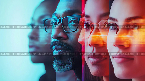 The faces of four people are presented in a row, looking forward. The painting is made in a futuristic style with bright colors - blue-blue and red-orange shades. The people's looks are purposeful and serious, the faces are partially crossed by abstract light or digital reflections, reminiscent of holograms or augmented reality interfaces. The image symbolizes future technologies, artificial intelligence, digital transformation and diversity. Стоковое AI-изображение, AI-художник Анна Кривицкая / Фотобанк Лори